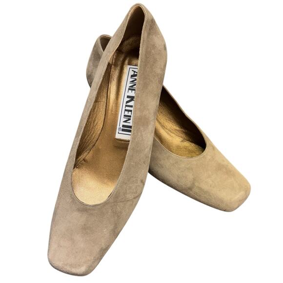 Anne Klein suede block-heel pumps taupe square toe 7.5M classic work minimalist - Picture 4 of 10